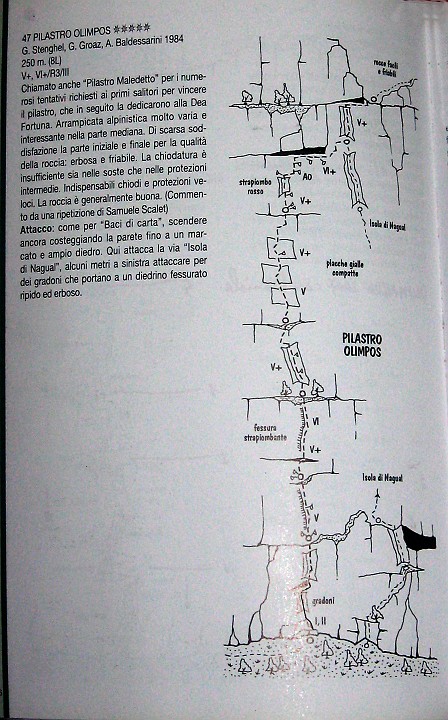IMG_2101 copy.jpg - Oggi ci dirigiamo verso una via poco frequentata, il PILASTRO OLIMPOS. Via 'per intenditori' a detta del Filippo: bella linea ma tiri ingaggiosi e chiodatura scarsa. Sinceramente non ci siamo trovati molto con la relazione della guida del Filippi. Lasciando perdere i primi metri su difficoltà banali, la qualità della roccia è quasi ovunque buona; la chiodatura è discreta nei primi due tiri, insufficiente nel terzo ( quello della fessura strapiombante) che però è ben proteggibile con friend, dicreta nel quarto tiro. Il quinto tiro è di gran lunga il più ingaggioso: pochissimo chiodato e non proteggibile. Il tiro sullo strapiombo rosso e sul traverso successivo è un capolavoro. Segue poi l'ultimo tiro in comune con l'Isola di Nagual.  Indubbiamente una bella via ma le 5 stelle ci sono sembrate eccessive.